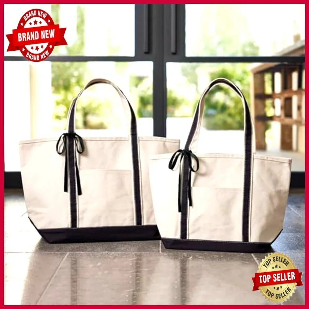Large Canvas Tote Bag with Leather Handles, Exterior Pocket, Unlined